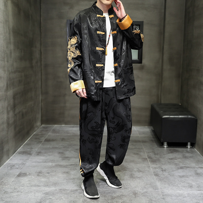 TANG SUIT JACKET SUIT MENS CASUAL SPORTS EMBROIDERED DRAGON PATTERN TRAINING SUIT DOUBLE-BREASTED JACKET CHINESE STYLE PIMPLE BUTTON OUTERWEAR TIDE