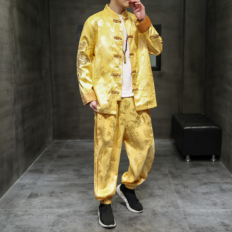TANG SUIT JACKET SUIT MENS CASUAL SPORTS EMBROIDERED DRAGON PATTERN TRAINING SUIT DOUBLE-BREASTED JACKET CHINESE STYLE PIMPLE BUTTON OUTERWEAR TIDE