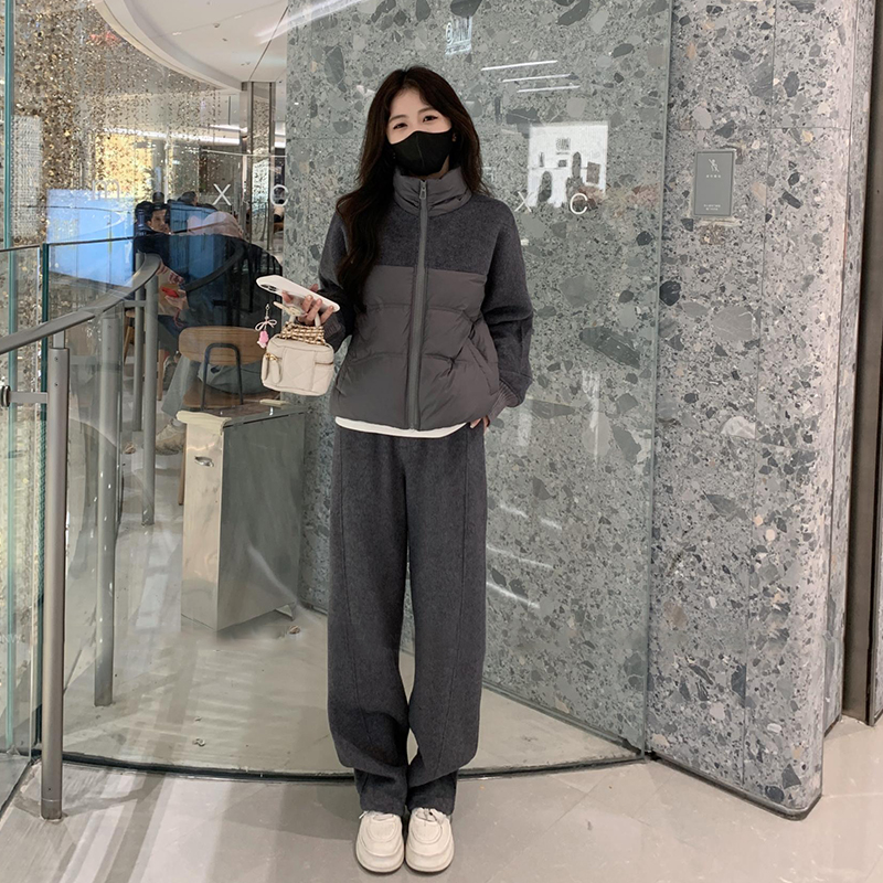 时尚休闲加厚保暖运动套装女冬新款拼接羽绒棉衣外套阔腿裤两件套