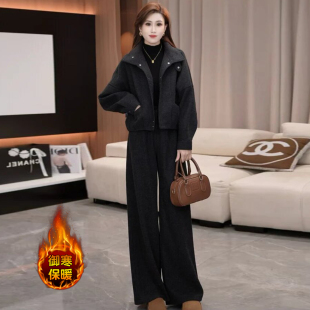 时尚休闲加棉外套阔腿裤两件套女2026冬季新款洋气韩版设计感套装