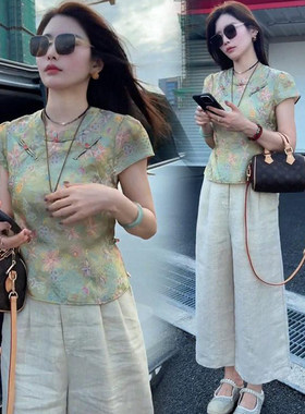 新中式国风套装女士2026夏季新款复古洋气质短袖衬衣阔腿裤两件套
