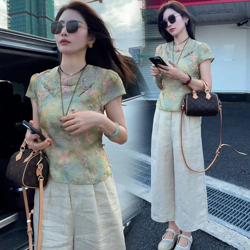 新中式国风套装女士2026夏季新款复古洋气质短袖衬衣阔腿裤两件套
