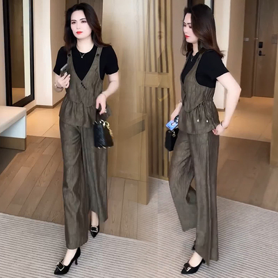 时尚套装女士2025夏季新款洋气质减龄显瘦假两件短袖阔腿裤两件套