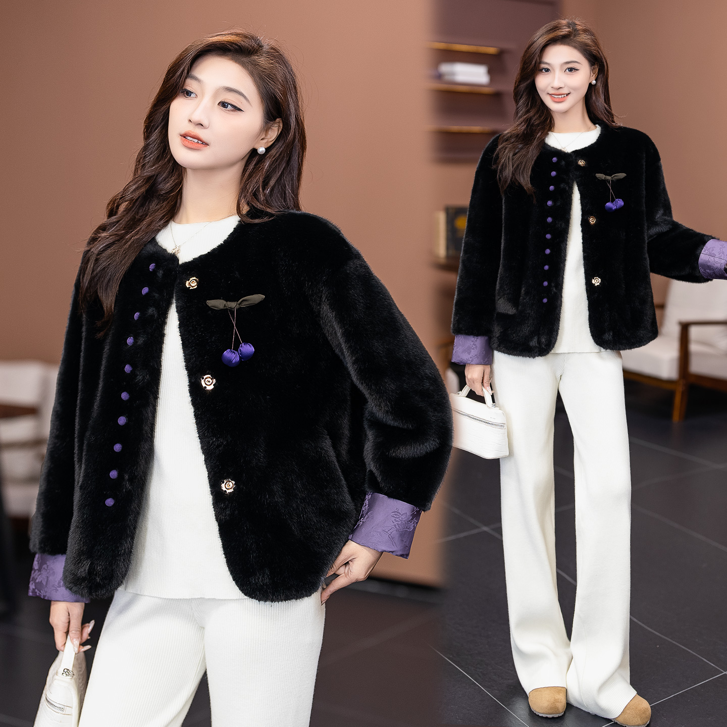 新中式风黑色皮毛一体短外套女冬季新款撞色圆领长袖减龄皮草上衣