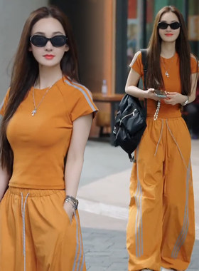 时尚休闲运动服套装女夏季新款修身显瘦短袖T恤速干阔腿裤两件套