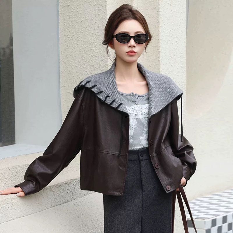设计感针织翻领拼接皮衣外套女春秋季新款时尚韩版机车服短款开衫