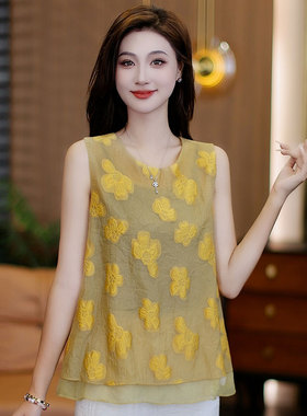 时尚亚麻黄色无袖衬衫女士2025夏季新款显白小众宽松遮肉印花衬衣