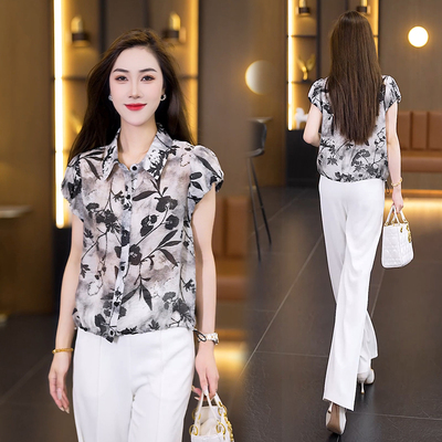 水墨画印花翻领短袖衬衫女2025夏季新款气质洋气天丝抽绳短款衬衣