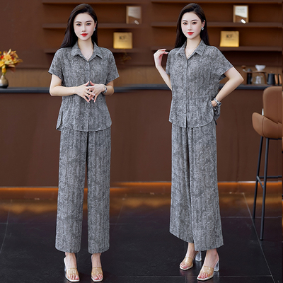 时尚短袖衬衫阔腿裤两件套女夏季新款宽松洋气质韩版遮肉显瘦套装