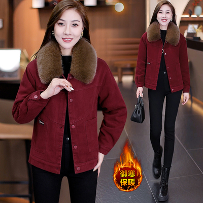 时尚休闲可拆卸毛领加绒保暖外套女士冬季新款小个子短款加厚上衣
