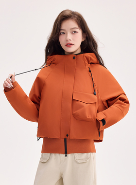 工装风连帽短款羽绒服女冬季新款时尚多口袋保暖夹克衫派克服外套