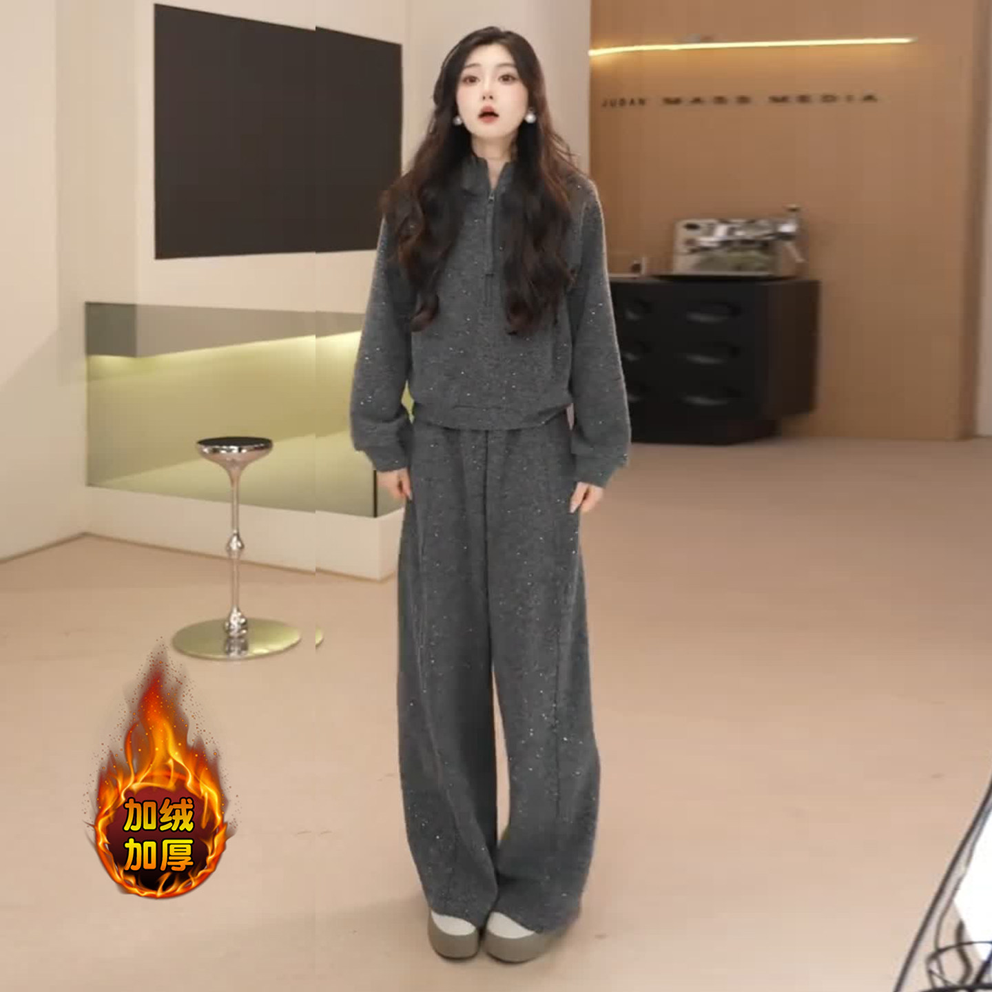 加绒加厚休闲连帽卫衣阔腿裤两件套女秋冬季新款宽松亮丝运动套装,女装/女士精品,时尚套装,淘宝优惠券,粉丝福利购,淘宝优惠卷