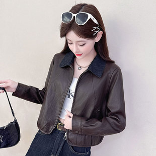 时尚翻领短款皮衣外套女秋冬季百搭拉链加绒皮夹克开衫小个子上衣