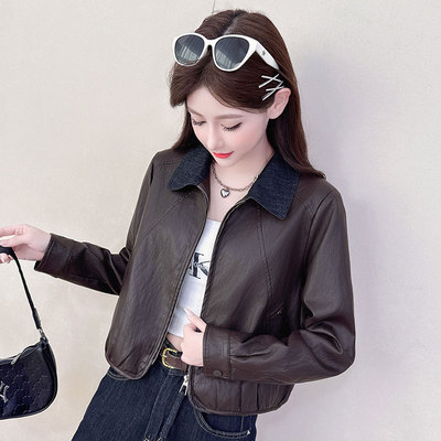 时尚翻领短款皮衣外套女秋冬季百搭拉链加绒皮夹克开衫小个子上衣