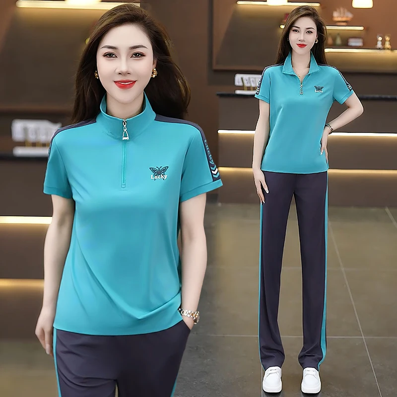 时尚休闲运动服套装女士夏季2025新款跑步服立领短袖直筒裤两件套