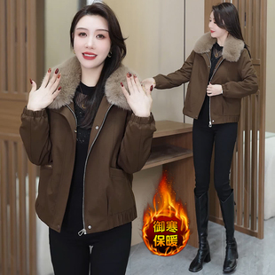 时尚加绒保暖短款外套女冬季新款可拆卸毛领小个子百搭开衫厚上衣