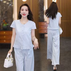 时尚套装女洋气韩版高级设计感短袖阔腿裤时髦两件套2025夏季新款