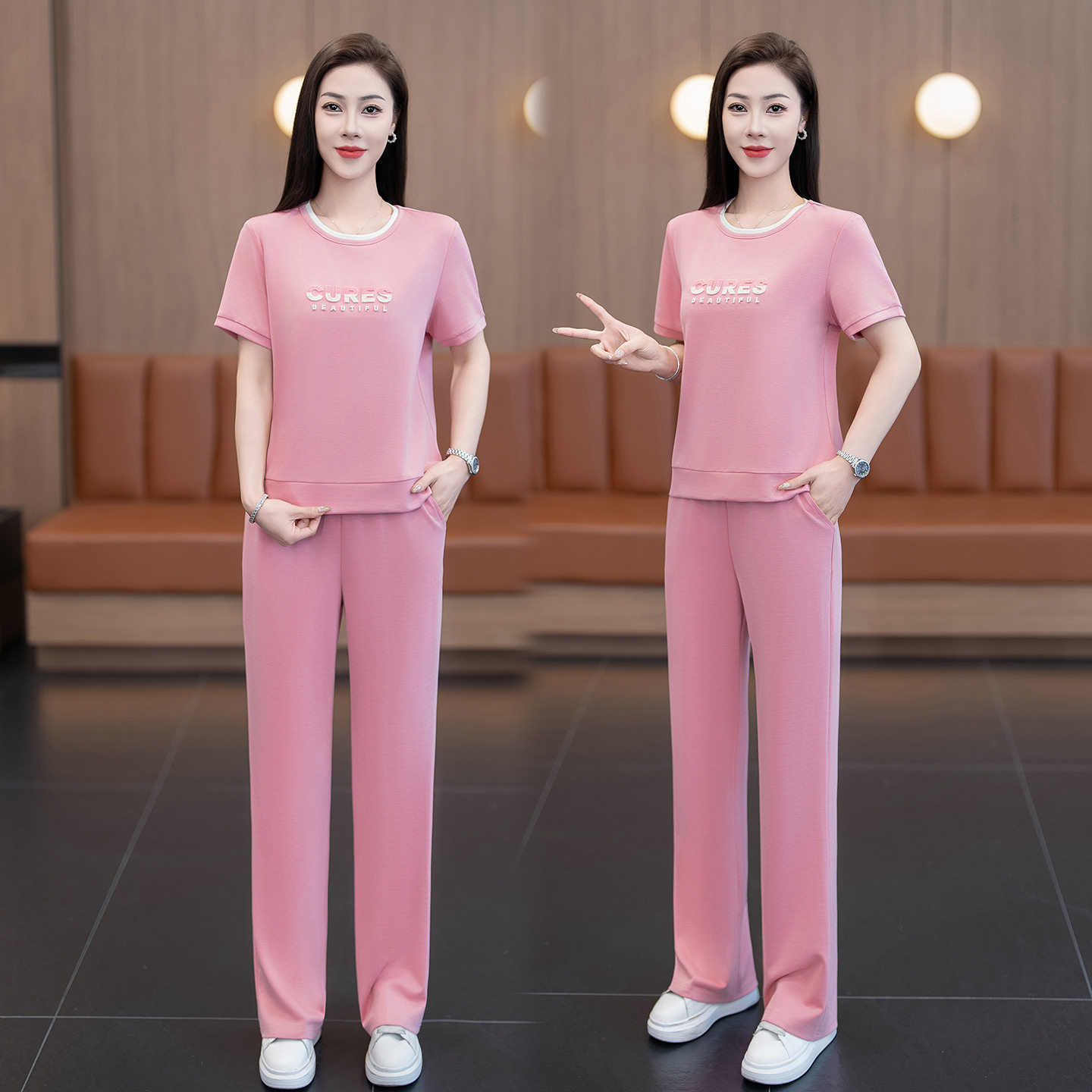 休闲运动服套装女士2026夏季新款洋气短袖直筒长裤宽松两件套时尚