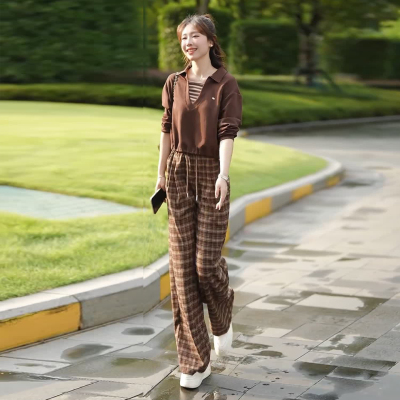 休闲运动套装女士春秋新款时尚条纹拼接翻领卫衣格纹阔腿裤两件套