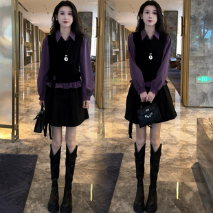 时尚洋气韩版套装女2026秋季新款长袖衬衫针织马甲半身裙子三件套