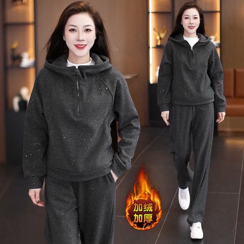 休闲连帽卫衣直筒裤两件套女秋冬新款加绒加厚设计感亮丝运动套装