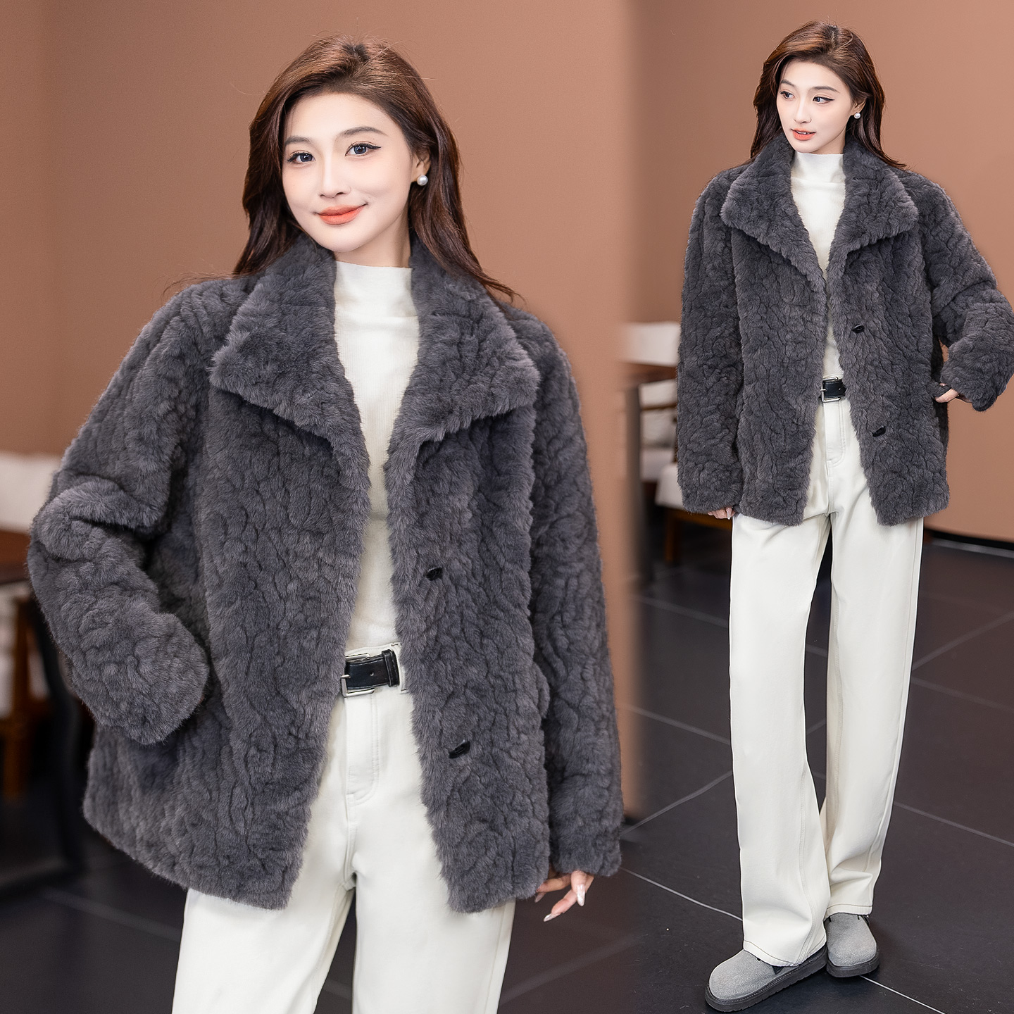 韩版翻领仿皮草外套女士宽松显瘦高级感毛绒皮毛一体大衣冬季新款