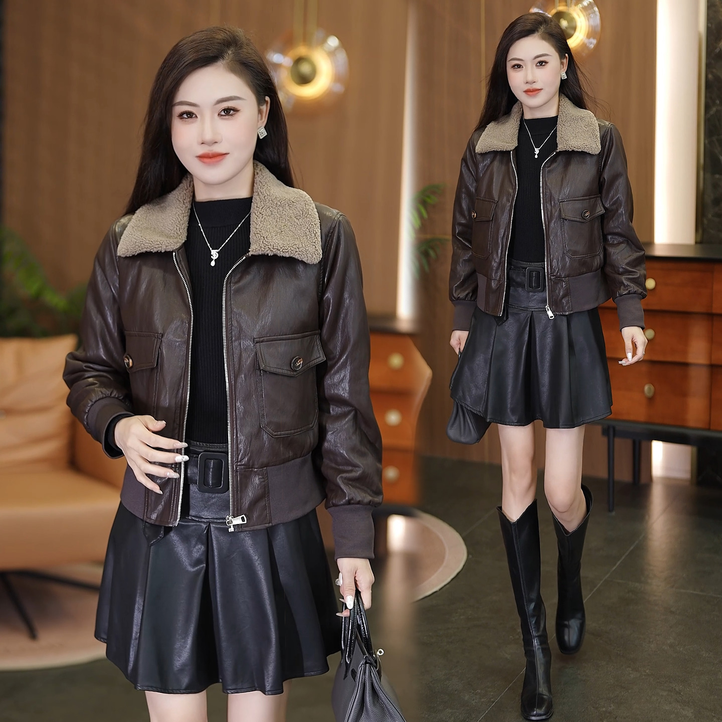 复古羊羔毛领短款皮衣女秋冬季新款加绒加厚显瘦机车皮夹克衫外套