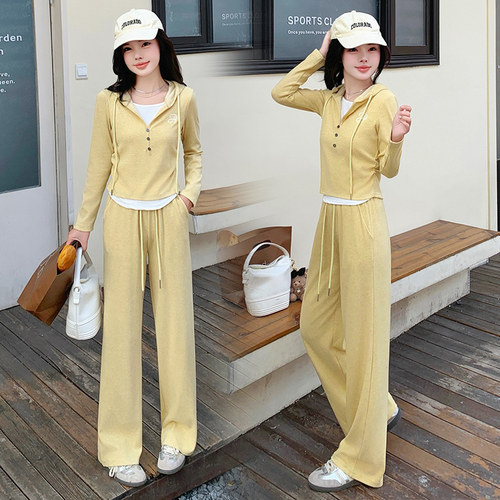时尚休闲连帽卫衣阔腿裤两件套女春秋新款修身显瘦减龄运动服套装