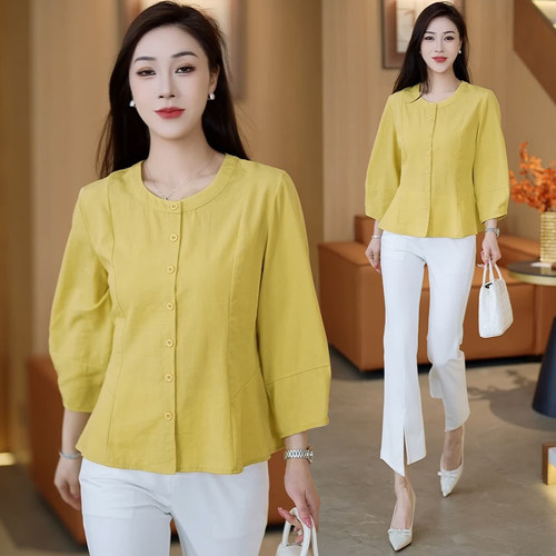 宽松时尚圆领衬衫女春夏新款小个子洋气质显瘦百搭减龄九分袖衬衣