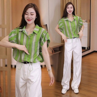 夏季新款韩版宽松时尚翻领竖条纹抽绳衬衫女士洋气短款小个子衬衣