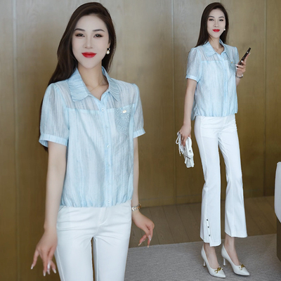 2025夏季新款时尚小个子短袖衬衫女宽松休闲舒适薄款洋气衬衣小衫