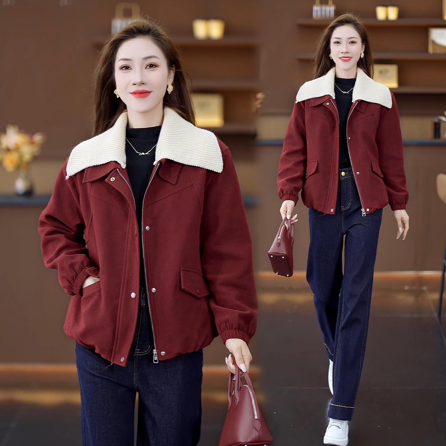 洋气针织拼接翻领短外套女冬季新款加绒加厚显瘦保暖夹克开衫上衣