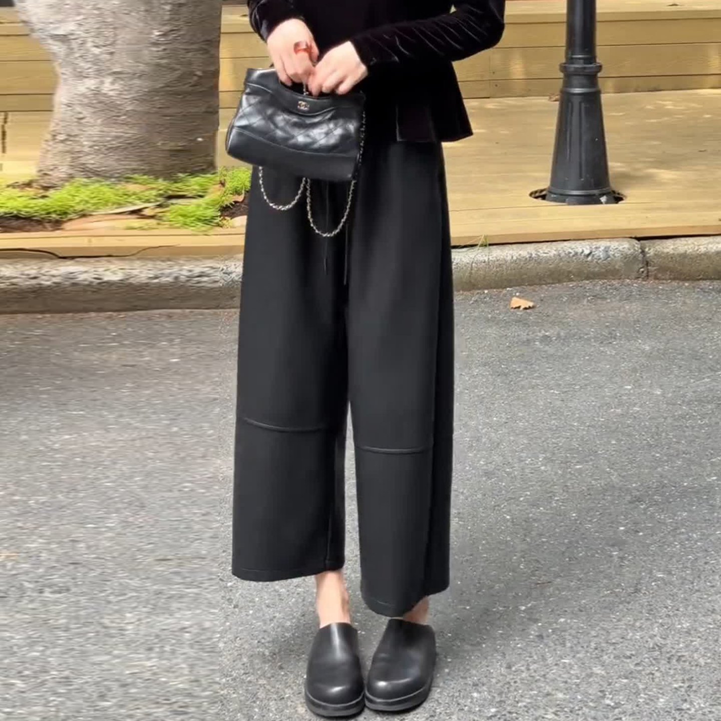 时尚高腰休闲皮裤女士春秋新款宽松遮肉显瘦高级感9分直筒阔腿裤