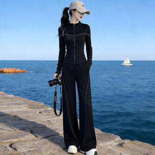 休闲运动服套装女2026秋季新款洋气修身显瘦长袖上衣阔腿裤两件套