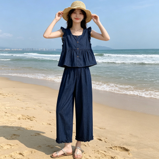 复古时尚牛仔套装女士夏季新款宽松显瘦花边马甲阔腿裤休闲两件套