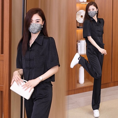 宽松休闲新中式国风短袖阔腿裤两件套女夏季薄款新款气质时尚套装