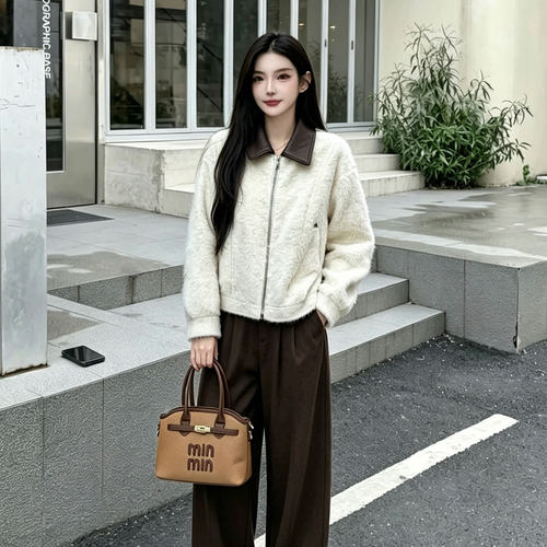 慵懒风翻领毛绒外套女秋冬新款拉链加厚保暖气质短款夹克开衫上衣
