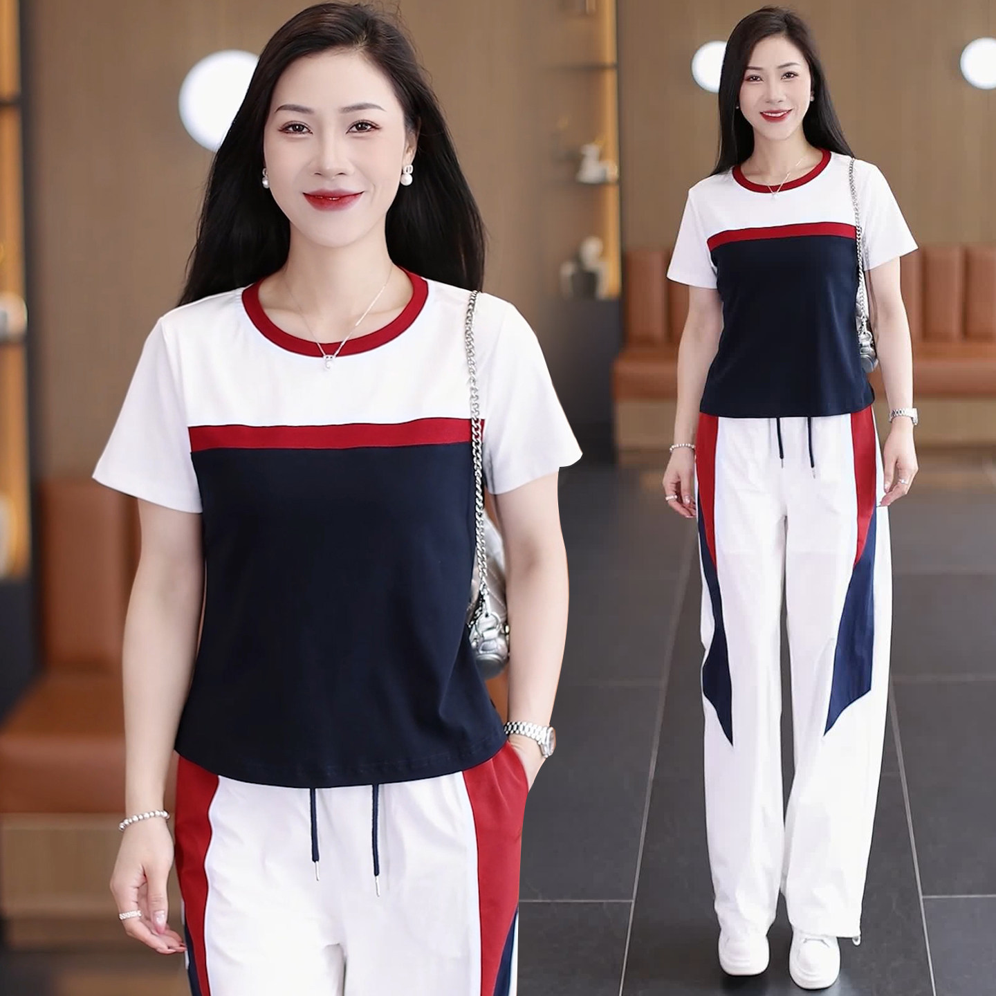 时尚休闲运动服套装女夏季新款洋气拼色圆领短袖T恤阔腿裤两件套