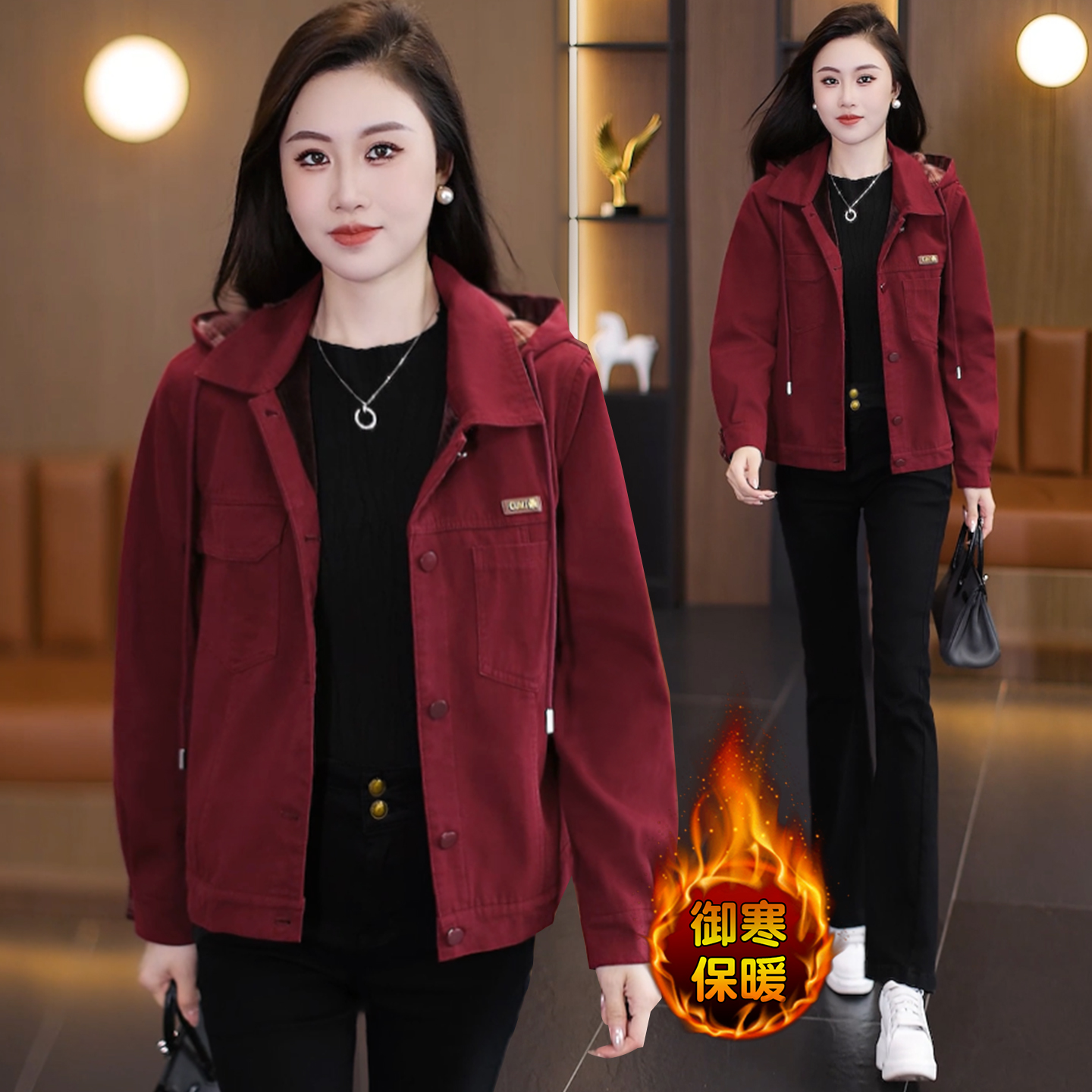 时尚休闲加绒连帽外套女士秋冬新款洋气韩版加厚百搭减龄牛仔上衣