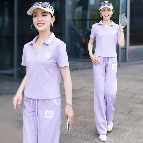 时尚休闲POLO领短袖直筒裤两件套女夏季新款洋气质显瘦运动服套装