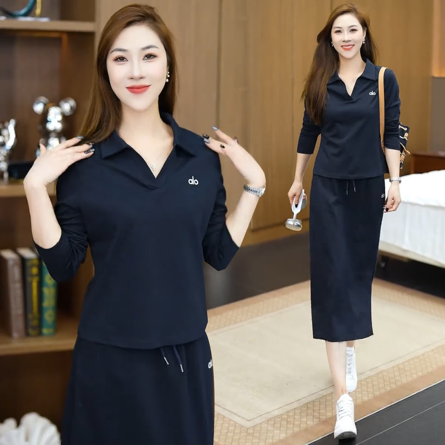 POLO翻领长袖T恤半身裙两件套女2025春秋新款时髦运动休闲套装裙