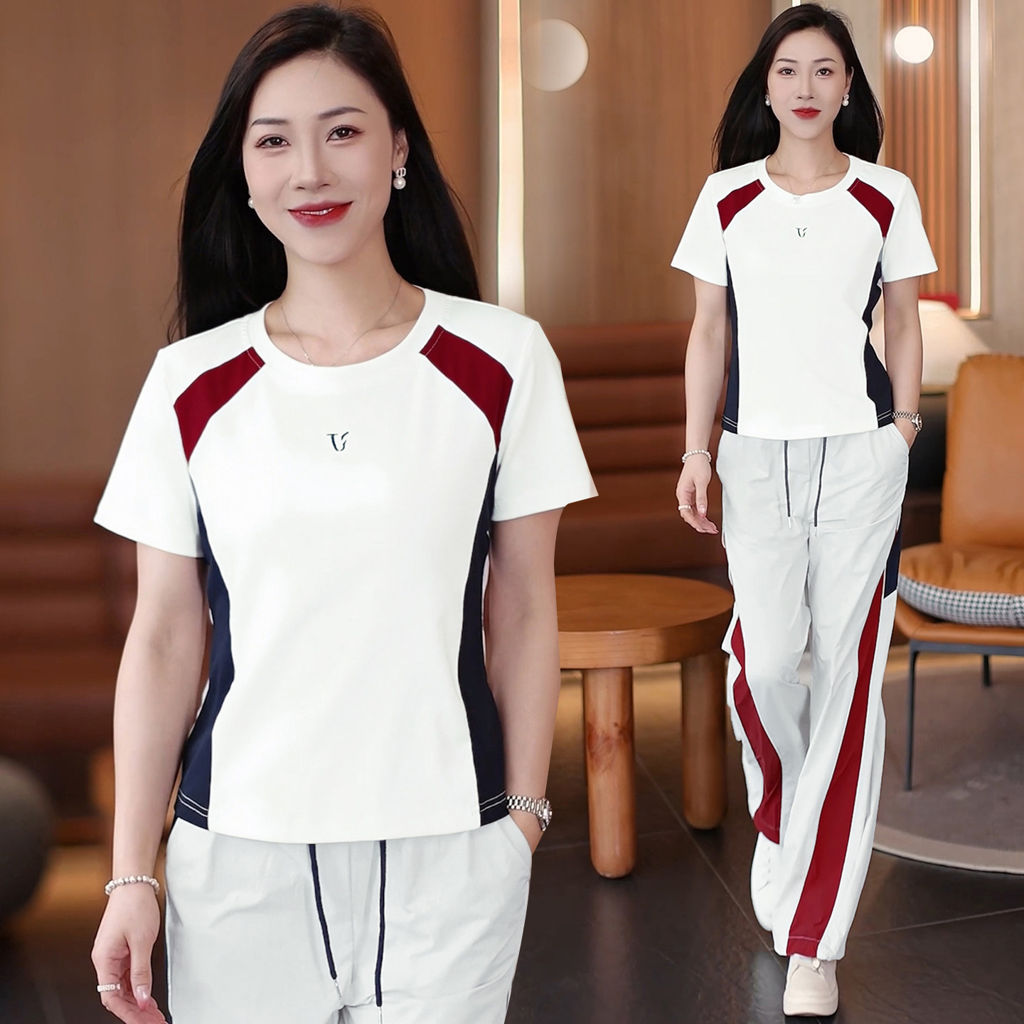休闲运动服套装女夏季新款时尚拼色减龄圆领短袖T恤阔腿裤两件套