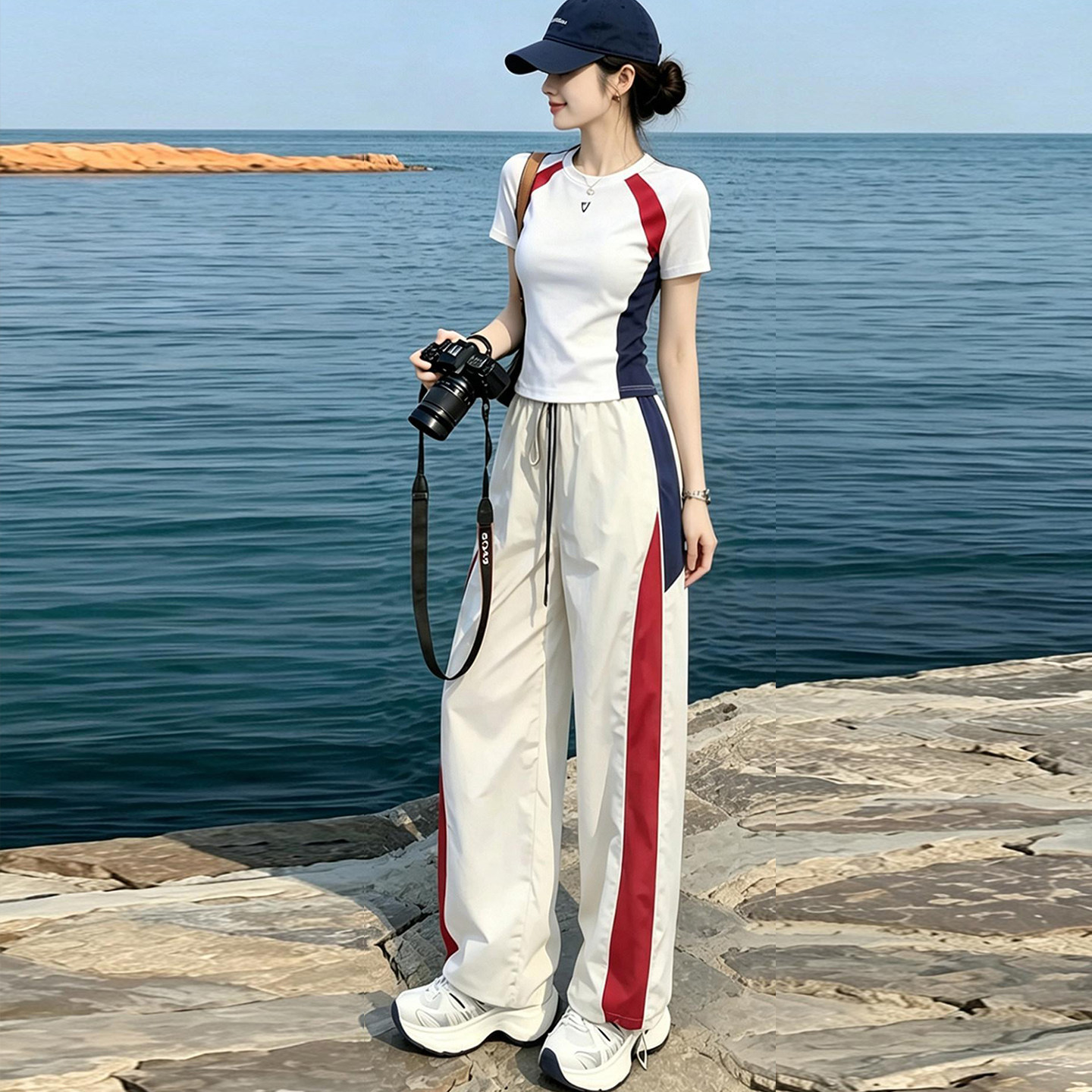 时尚休闲运动套装女夏季新款设计感拼色圆领短袖T恤阔腿裤两件套