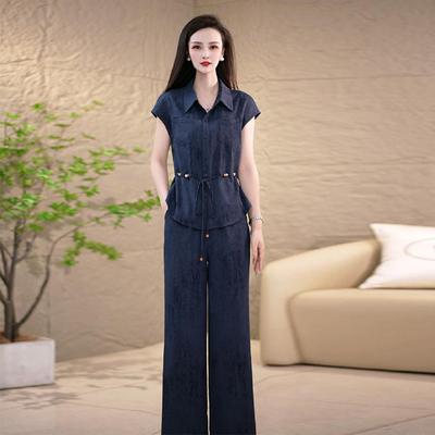 2025夏季新款时尚套装女洋气质收腰显瘦短袖衬衫阔腿裤时髦两件套