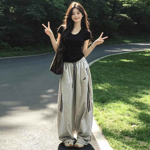 时尚休闲运动套装女士2026夏季新款高腰短袖T恤速干阔腿裤两件套