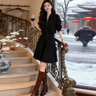 设计感时尚假两件收腰显瘦连衣裙女秋季新款休闲气质韩版黑色裙子