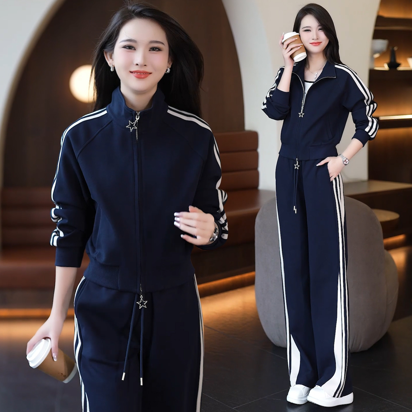 时尚短款外套阔腿裤两件套女2025春秋季新款显瘦减龄休闲运动套装