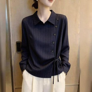时尚韩版条纹翻领女士衬衫春秋季新款高级感洋气显瘦系带衬衣小衫