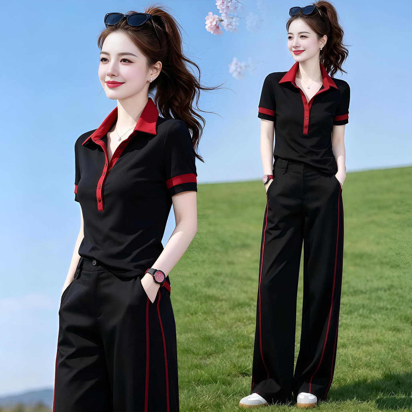 时尚休闲运动服套装女士夏季新款设计感翻领短袖T恤阔腿裤两件套