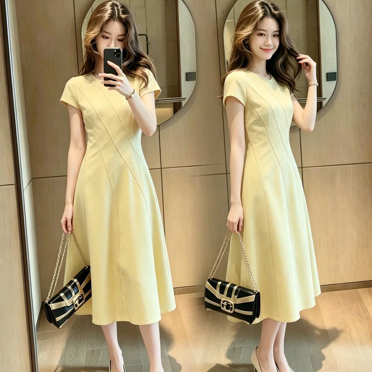 法式气质显瘦连衣裙女2026新款夏季黄色短袖巨好看收腰显瘦长裙子 - 实物图